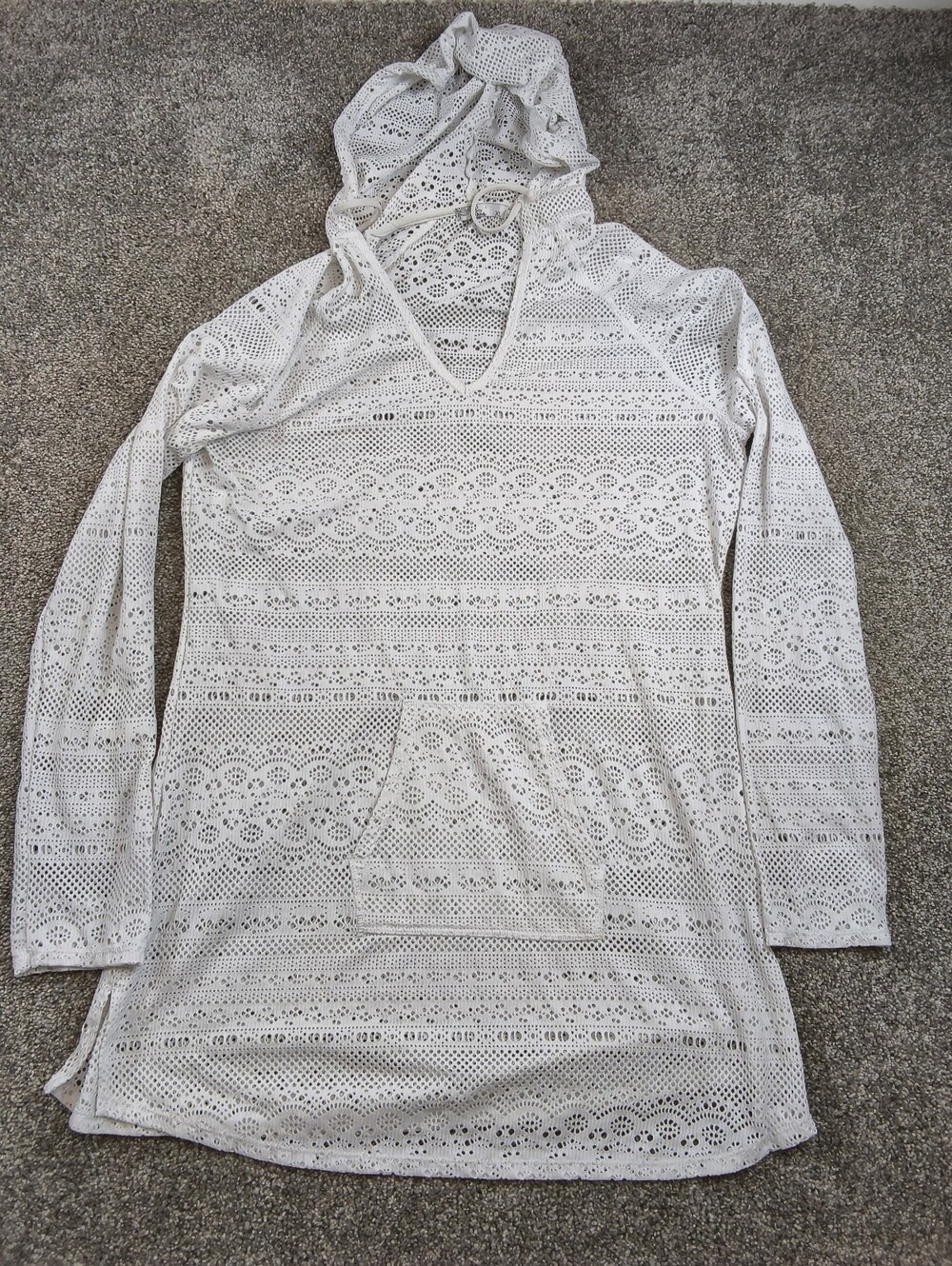 prAna Luiza Swimsuit Cover-Up Hooded Tunic White Chevron Kangaroo Pocket XL